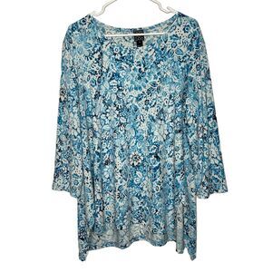 Clara Sun Woo Tunic Top Womens 1X Blue Floral Oversized Slinky 3/4 Sleeve Ae10